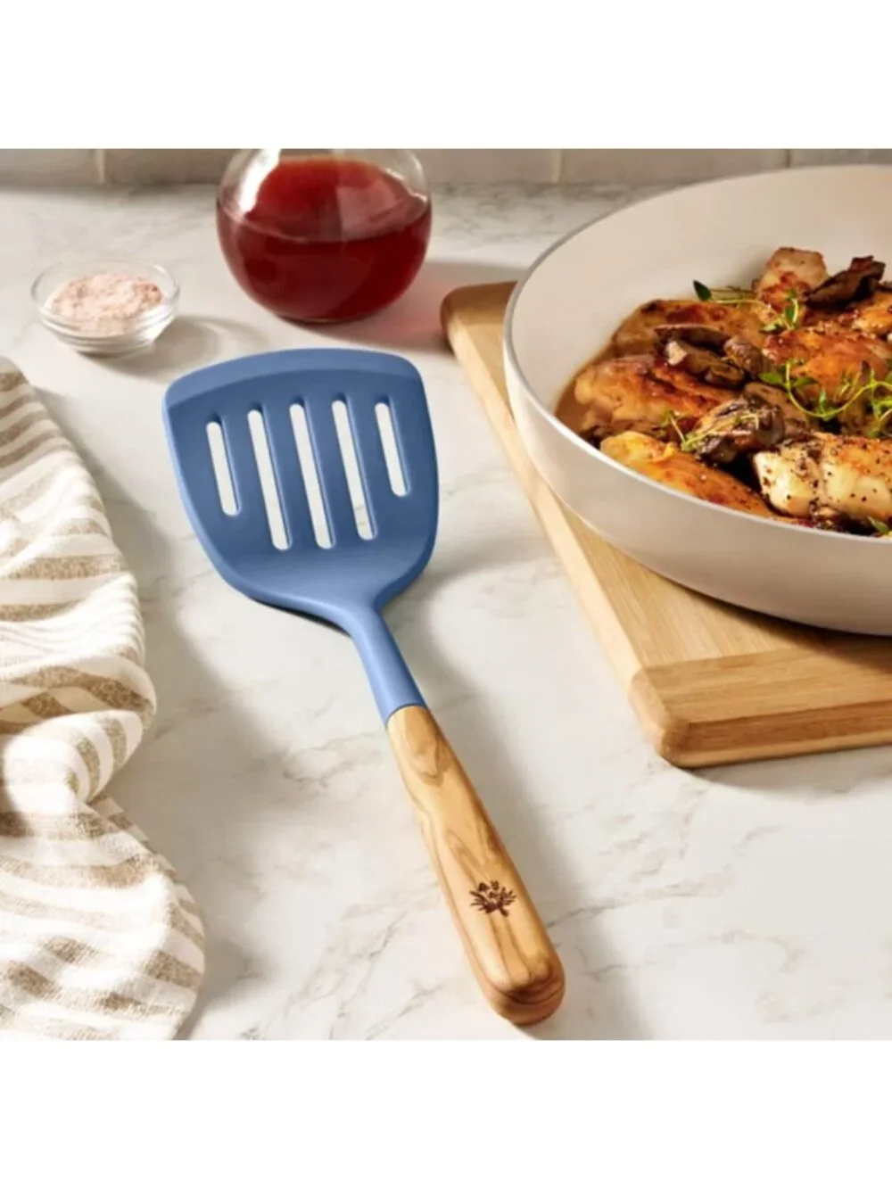 The Pioneer Woman Blue Silicone Slotted Non-Stick Turner with Olivewood Handle